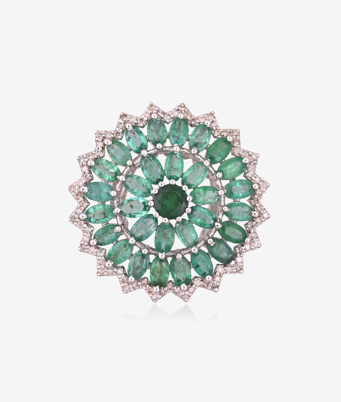 Geometric Emerald and Diamond Eternity Ring