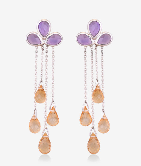 Vibrant Citrtin & Amethyst Briolette Drop Earrings