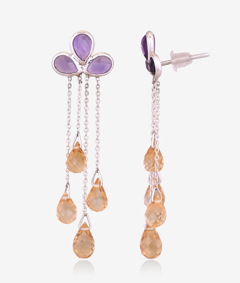Vibrant Citrtin & Amethyst Briolette Drop Earrings