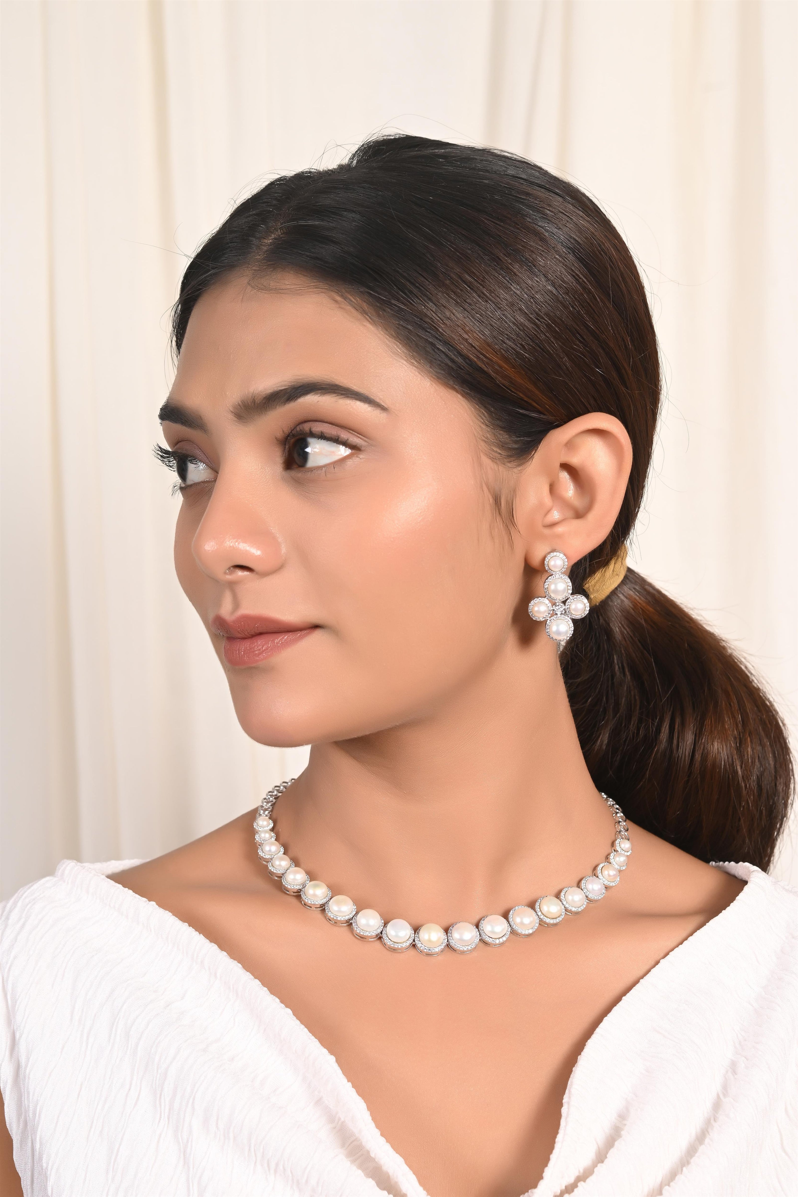 Classic Diamond Pearl Necklace Set