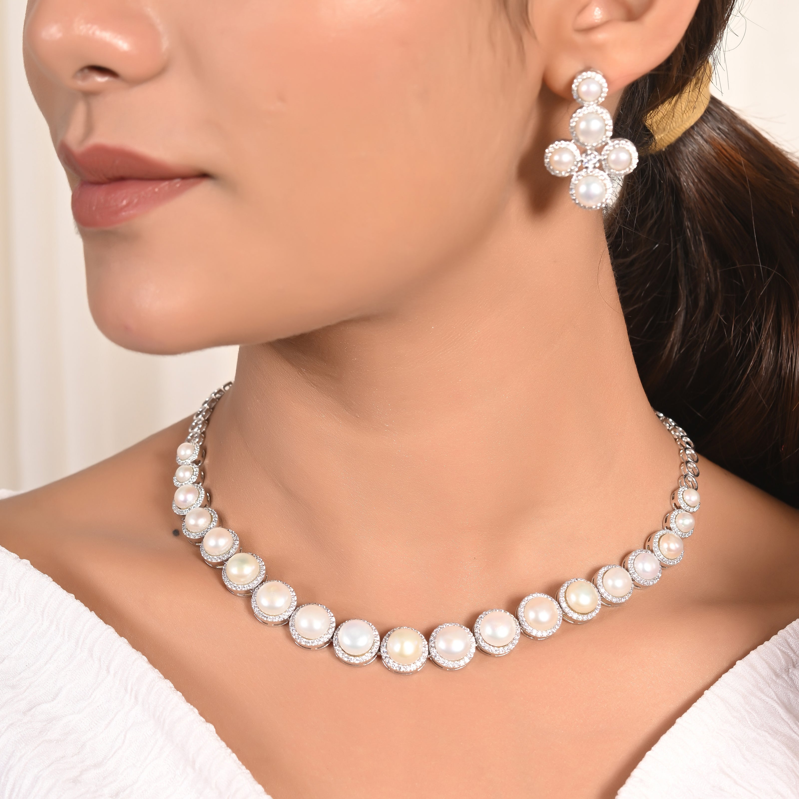 Classic Diamond Pearl Necklace Set