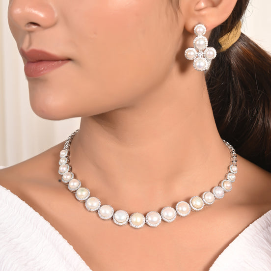 Classic Diamond Pearl Necklace Set