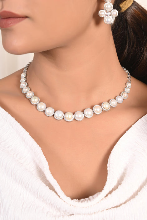 Classic Diamond Pearl Necklace Set