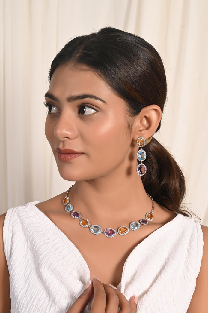 Multi Gemstone Cluster Necklace Set