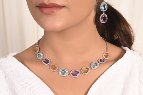 Multi Gemstone Cluster Necklace Set
