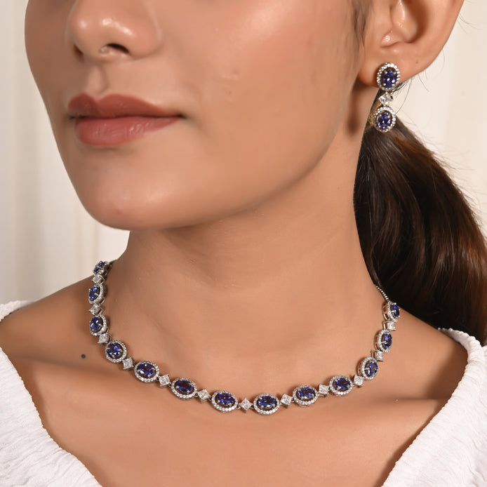 Exotic Tanzanite & Moissanite Halo Necklace Set