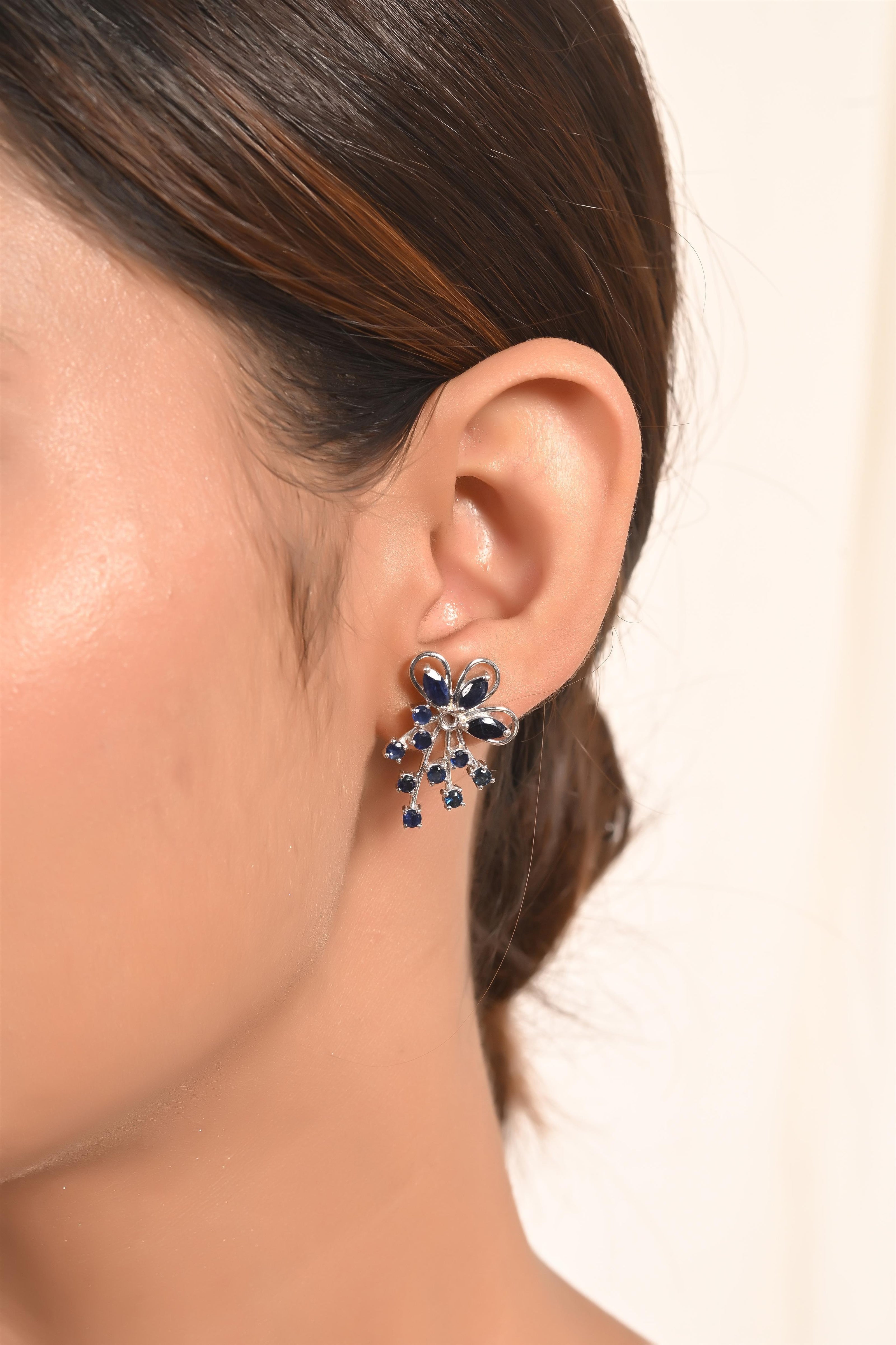 Regal Deep Blue Sapphire Floral Earring