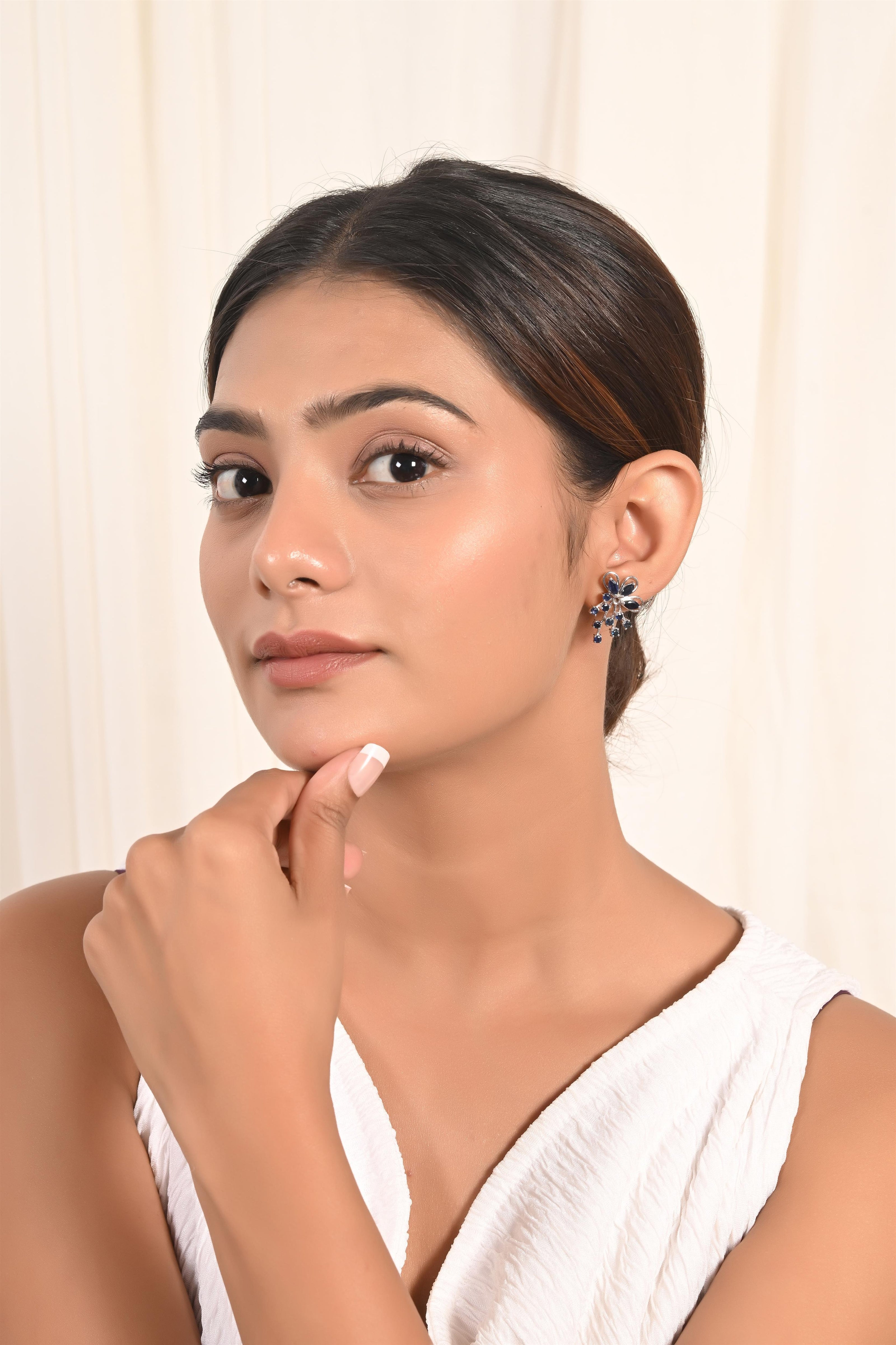 Regal Deep Blue Sapphire Floral Earring