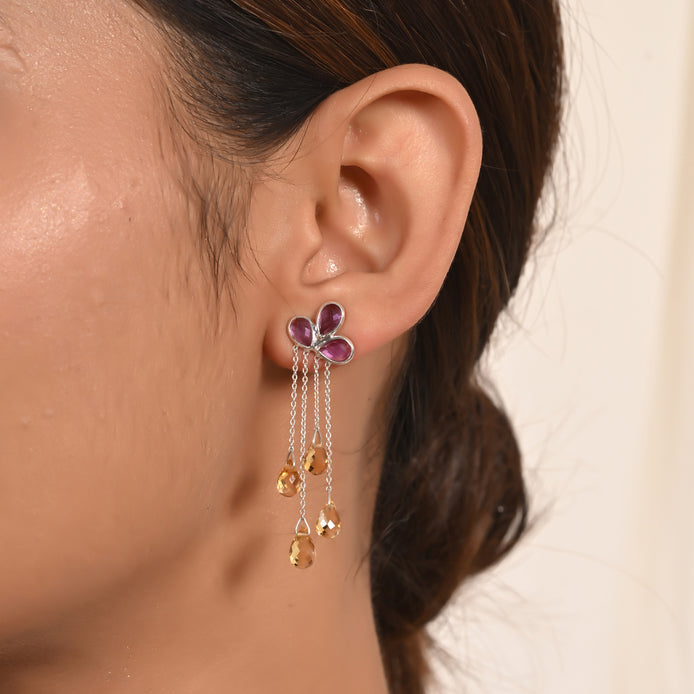 Vibrant Citrtin & Amethyst Briolette Drop Earrings