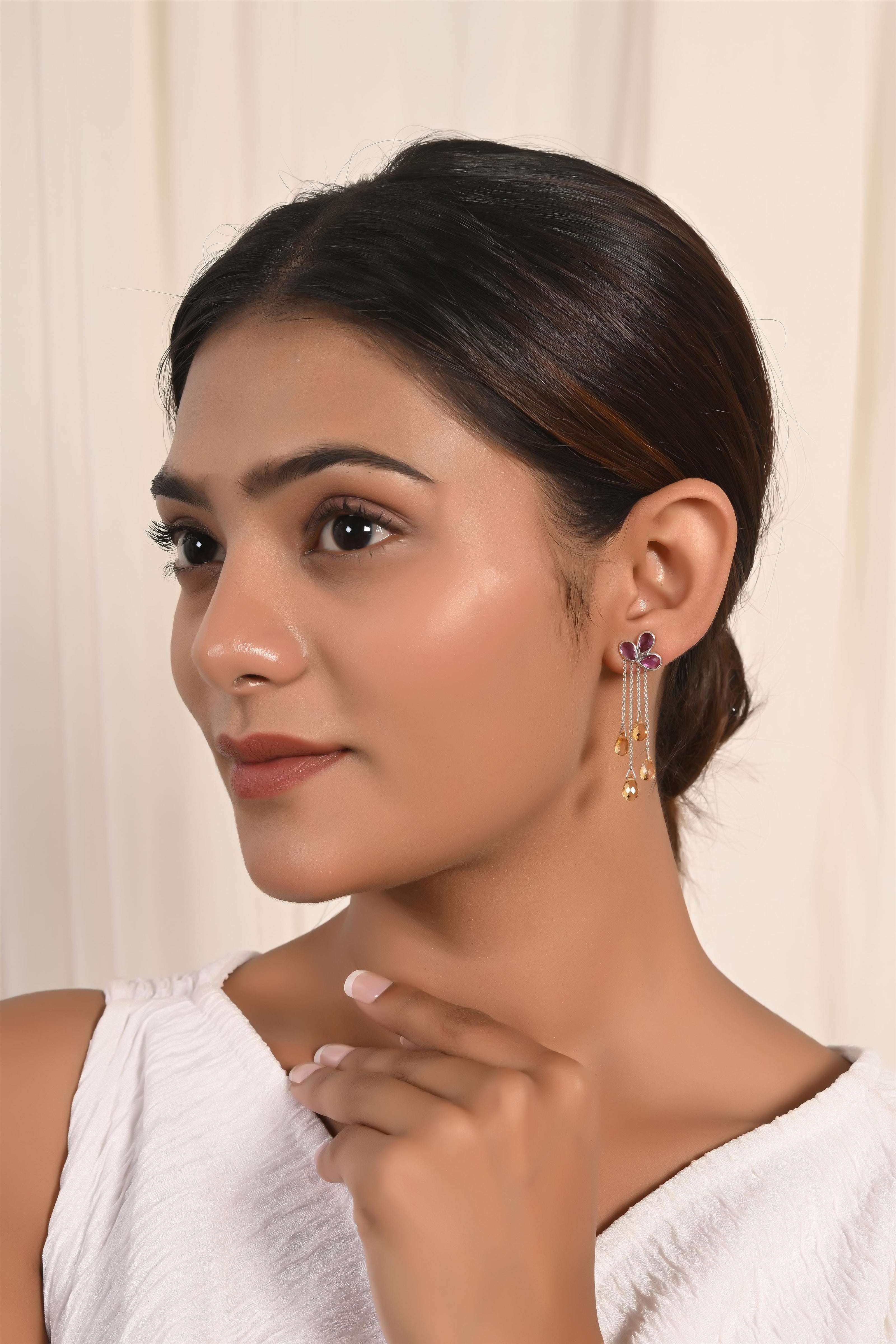 Vibrant Citrtin & Amethyst Briolette Drop Earrings