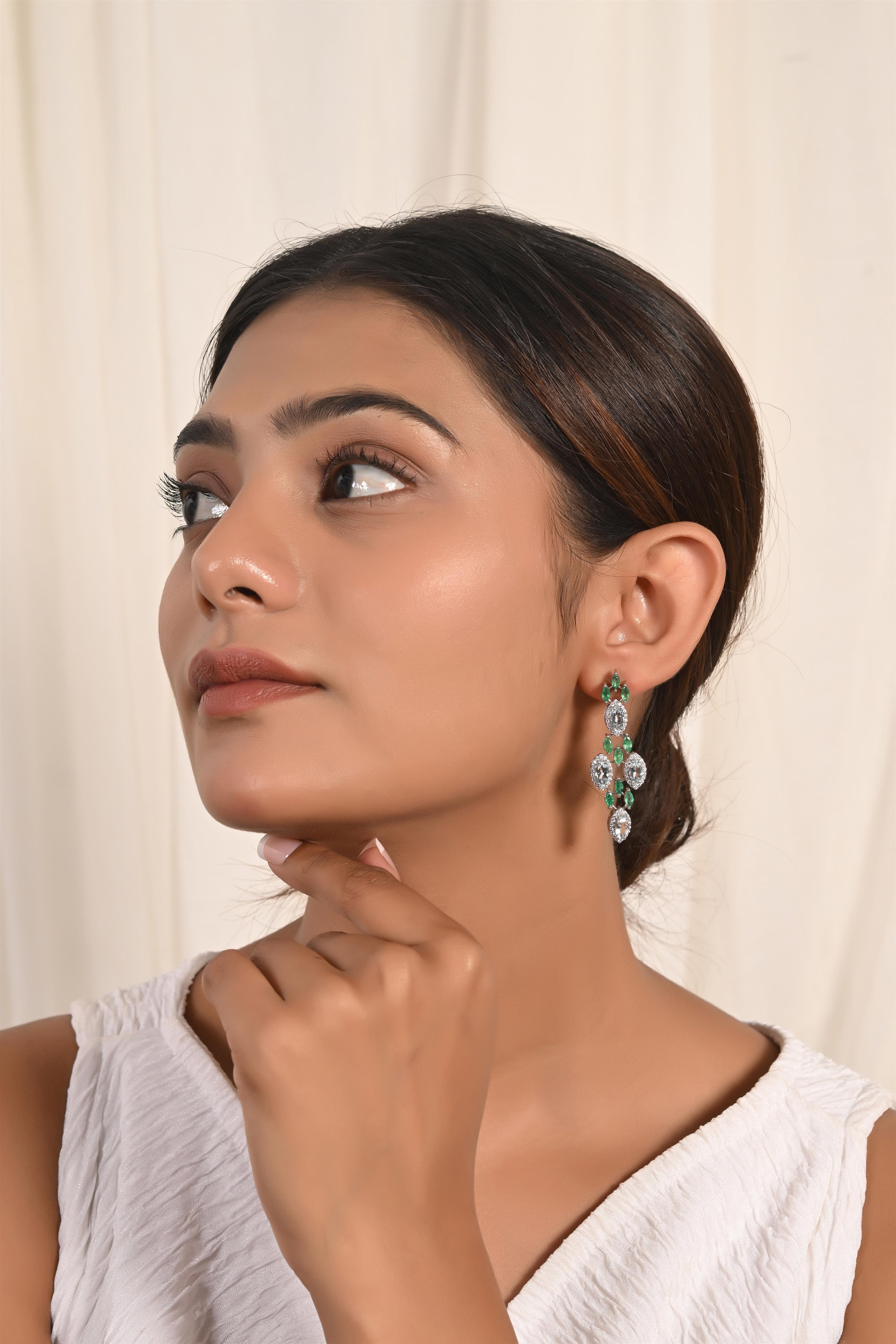Aqua Diamond & Emerald Drop Earrings