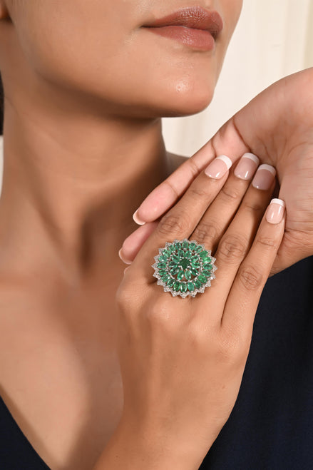 Geometric Emerald and Diamond Eternity Ring